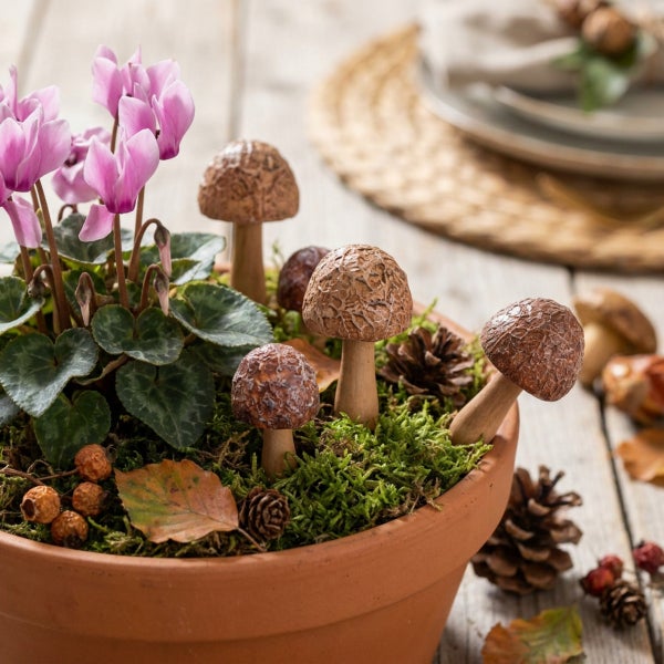 Herbstliche Tischdekoration in einem Tontopf mit Alpenveilchen, Moos, Deko Pilzen, Kiefernzapfen und Hagebutten auf einem Holztisch.