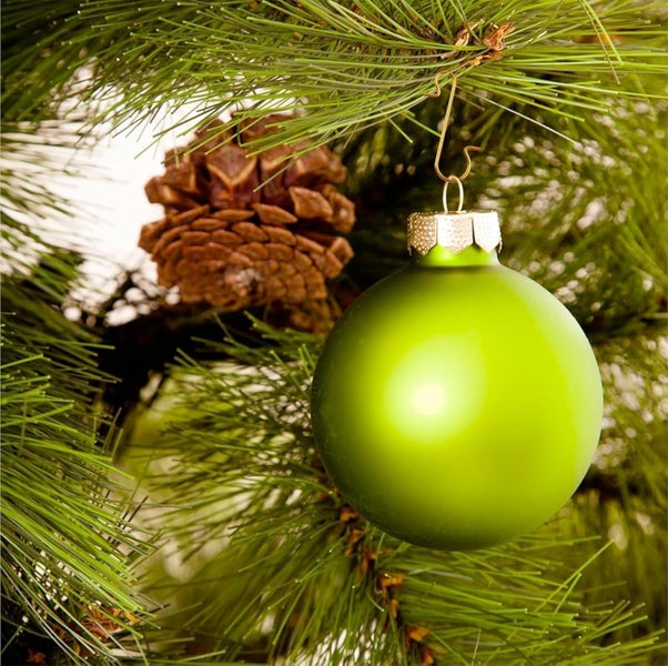 Grüne Weihnachtskugel mit Tannenzapfen am Weihnachtsbaum