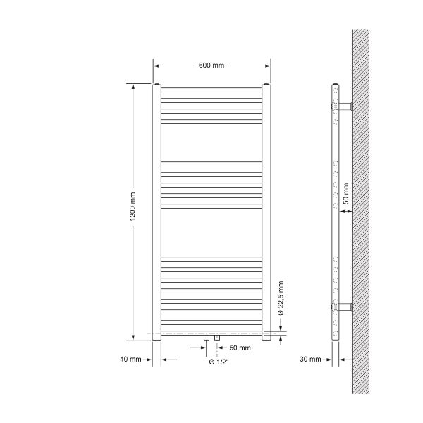 ECD Germany Badheizkörper Mittelanschluss 600 x 1200 mm Weiß gerade mit Thermostat und Anschlussgarnitur Durchgang Boden Weiß - Heizkörper Heizung Handtuchwärmer Handtuchtrockner Handtuchheizkörper