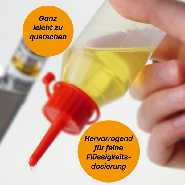 Kunststoff-Dosierflasche mit feiner Düse zur präzisen Dosierung von Flüssigkeiten, leicht zu quetschen.