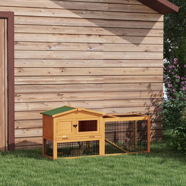 PawHut Hasenstall 2 Ebenen Kaninchenstall aus Tannenholz Winterfest Doppelstockhaus mit Freilaufgehege Rampe 150x52x68 cm Kaninchenkäfig Outdoor Kleintierstall für Hasen Kaninchen Meerschweinchen Gelb