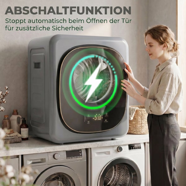 Frau öffnet einen modernen Wäschetrockner mit Sicherheitsabschaltfunktion, die den Betrieb beim Öffnen der Tür automatisch stoppt.