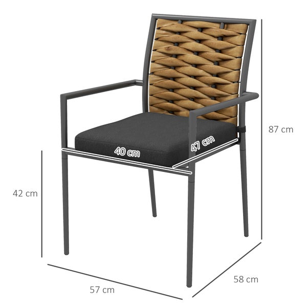 Outsunny Rattan Gartenstuhl 2er-Set, Stapelbarer Gartenstuhl, 57 x 58 x 87 cm, Stahl, Schwarz