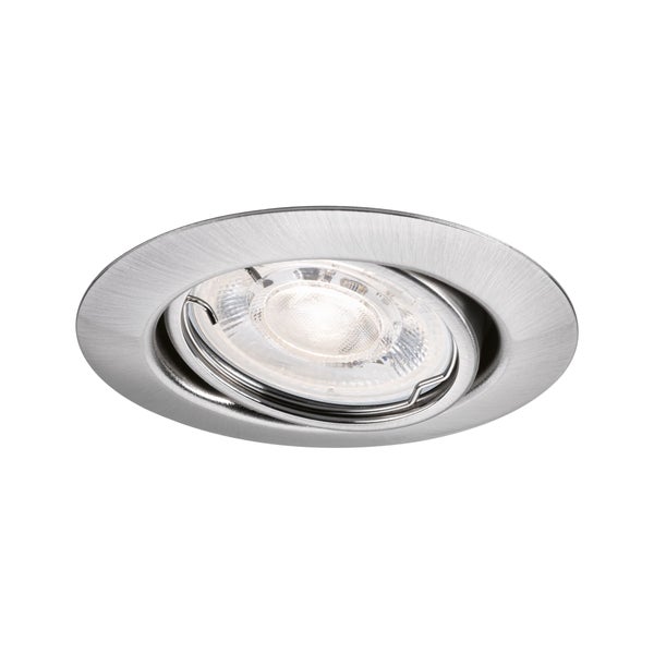 Schwenkbarer Einbaustrahler aus Metall in runder Form mit gebürsteter Oberfläche.