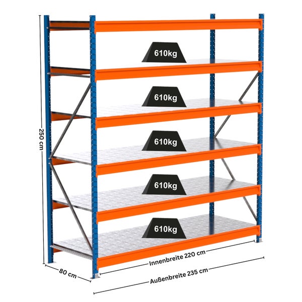 Lagerregal mit fünf Böden und Gewichtsangabe