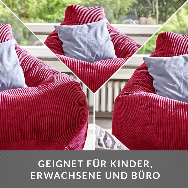 Green Bean Sitzsack mit Rückenlehne 80x80x90cm - Gaming Chair mit 230L Füllung Cordstoff - Bean Bag Bodenkissen Lounge Sitzhocker Relax-Sessel Gamer Gamingstuhl Rot