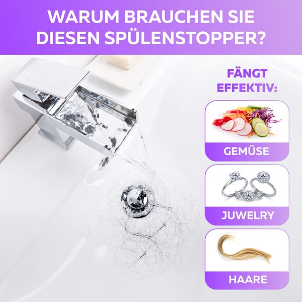 Spülenstopper fängt Gemüse, Schmuck und Haare im Waschbecken auf.