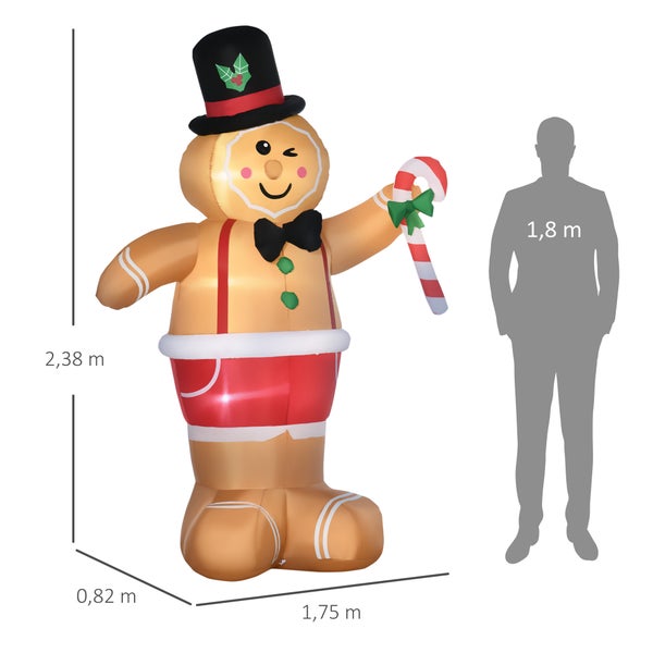 Outsunny Weihnachts Aufblasbarer Lebkuchenmann, mit LED-Lichtern und Zuckerstange, automatisch, 175L x 82B x 238H cm, Polyester, Braun