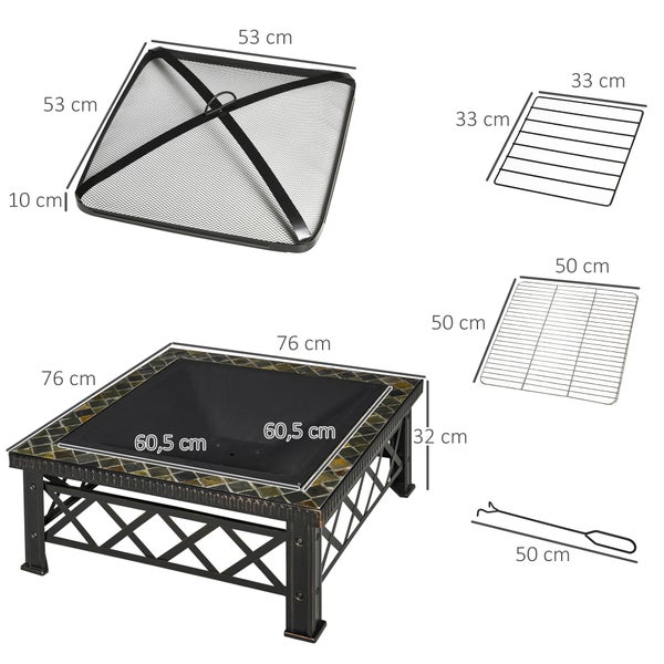 Outsunny 3-in-1 Feuerschale Feuerkorb Feuerstelle mit Funkenschutz Grillrost Eiskübel Garten BBQ Schwarz 76cm x 76cm x 47cm