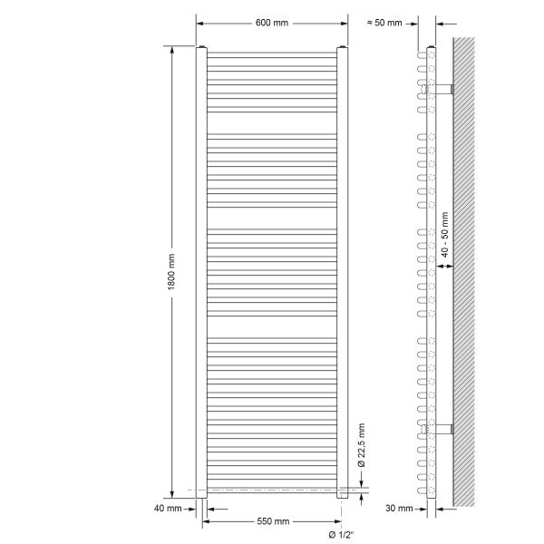 ECD Germany Badheizkörper Elektrisch mit Heizstab 1200W Große Leistung - 600 x 1800 mm - Weiß - gebogen mit Seitenanschluss - Heizkörper Handtuchwärmer Handtuchtrockner