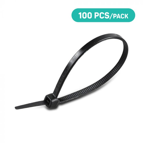 Schwarzer Kabelbinder aus Kunststoff, 100 Stück pro Packung.