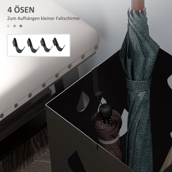 HOMCOM Regenschirmständer Schirmständer mit 4 Haken, Wasserauffangschale Regenschirmhalter für Flur, Regenschirme & Gehstöcke Stahl 15,5 x 15,5 x 40 cm Schwarz