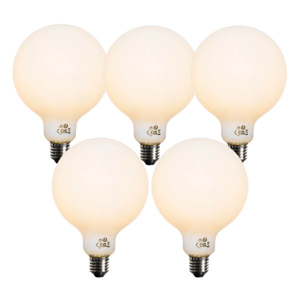 Fünfer-Set LED-Globelampen mit E27-Sockel und mattem Glas.