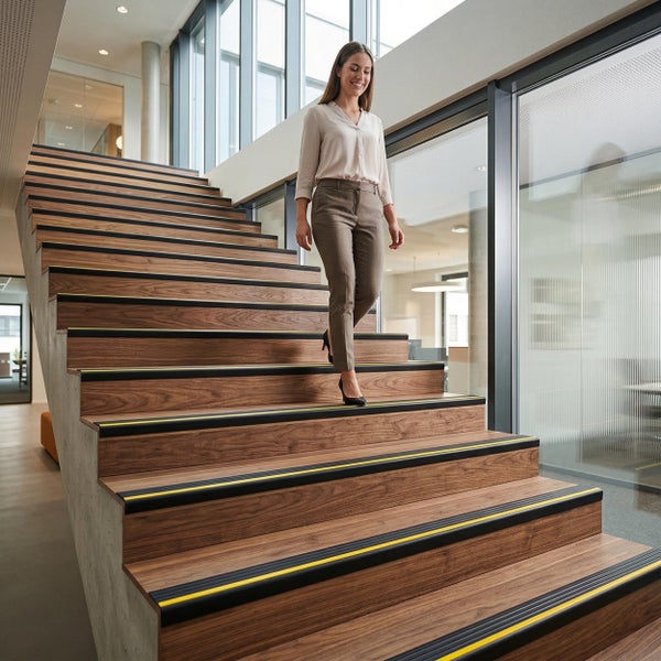 Eine Frau geht eine moderne Treppe aus Holz mit rutschhemmenden Kantenprofilen in einem hellen, professionellen Bürogebäude hinunter.