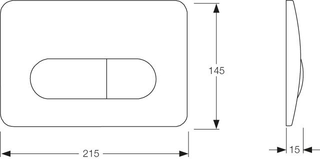 Technische Zeichnung einer Betätigungsplatte mit Maßen 215 Millimeter Breite, 145 Millimeter Höhe und 15 Millimeter Tiefe.