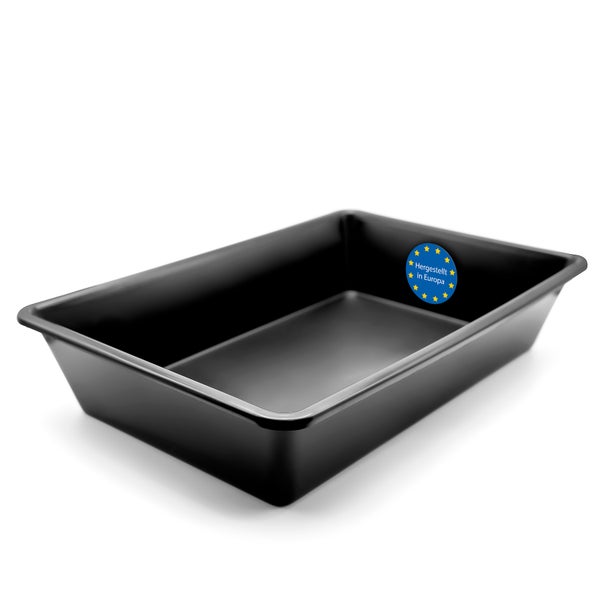 Rechteckiger Mörtelkasten aus schwarzem Kunststoff mit dem Siegel Hergestellt in Europa.