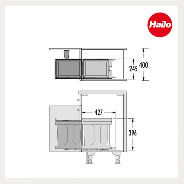Hailo Logo und technische Zeichnung eines Abfalltrennsystems für Küchenschränke mit Maßangaben 400, 245, 427 und 396 Millimeter.