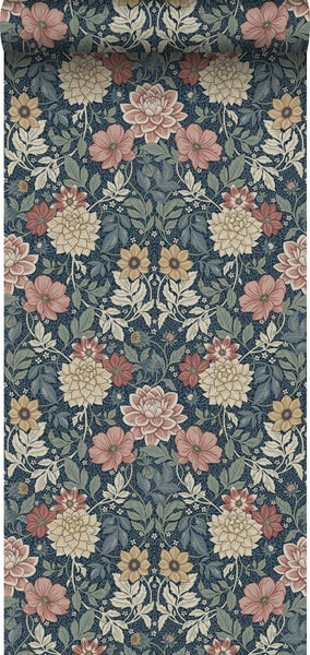 Borastapeter Tapete Blumenmuster im Jugendstil Dunkelblau - 53 cm x 10.05 m - 660400