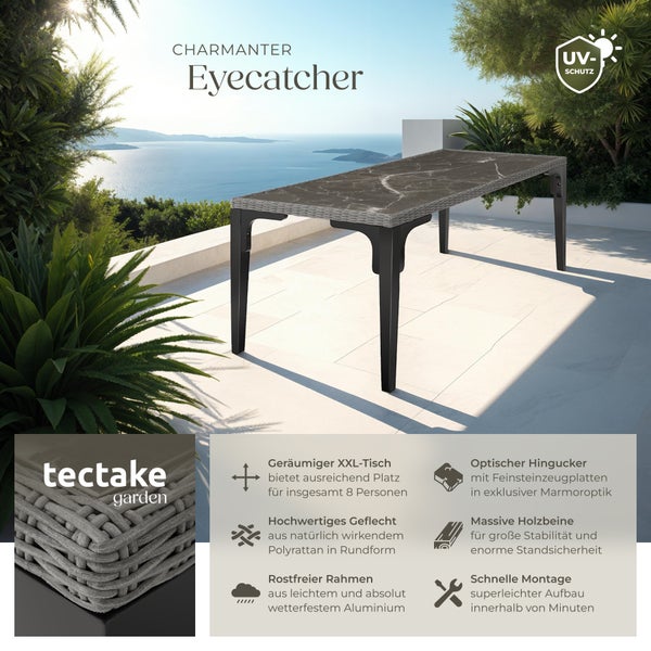 Rattan Tisch tectake Foggia 196 x 87 x 76 cm mit Aluminium- und Holzgestell grau