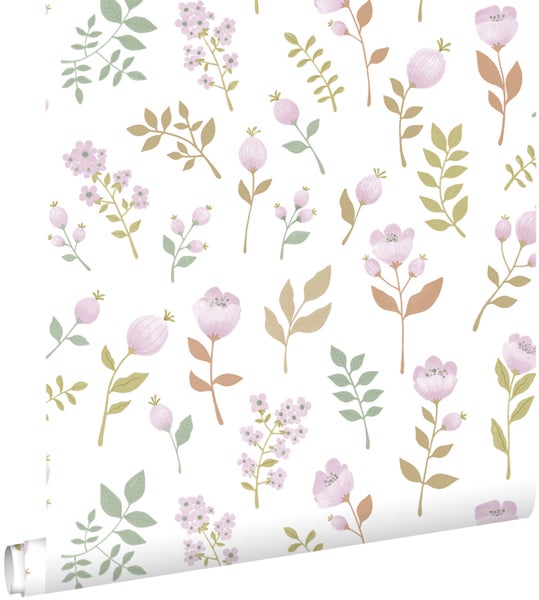 ESTAhome Tapete Blumen Violett und Graugrün - 50 x 900 cm - 139975