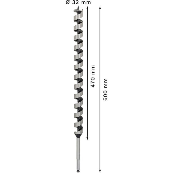 Holzspiralbohrer mit einem Durchmesser von 32 Millimetern und einer Länge von 600 Millimetern.