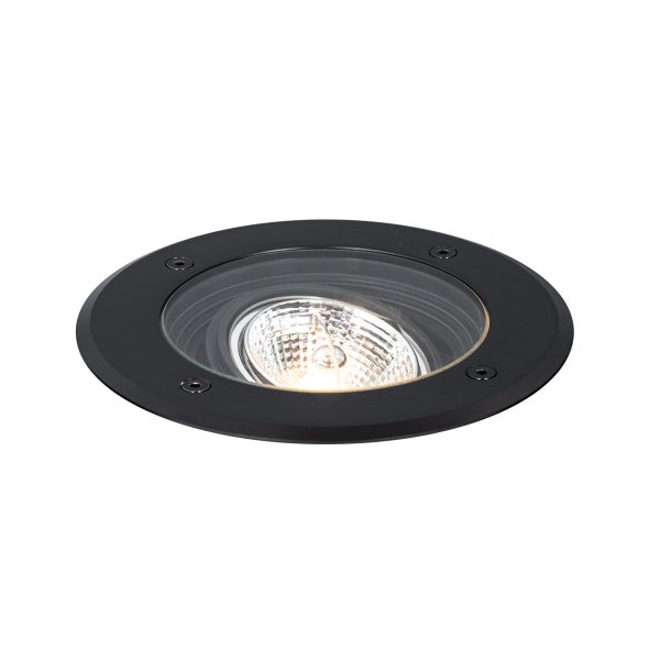 Bodeneinbaustrahler rund mit Glasabdeckung für den Außenbereich.