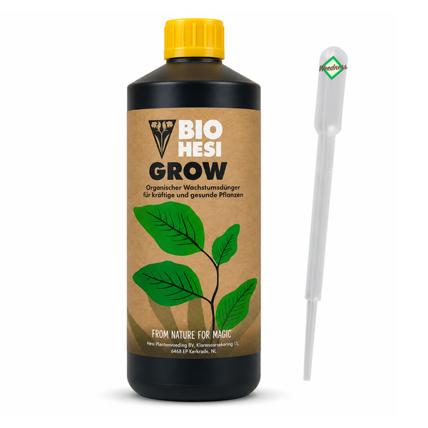 Bio Hesi Grow organischer Wachstumsdünger in einer Flasche mit Dosierpipette für gesunde Pflanzen