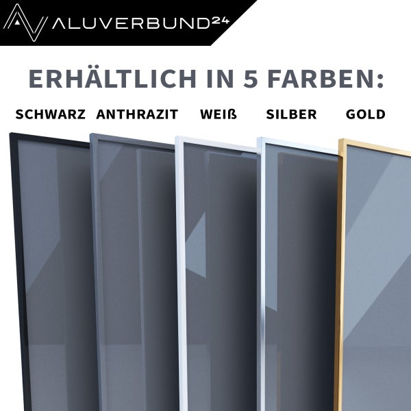 Aluverbund24 Logo. Five aluminum composite panels in the colors black, anthracite, white, silver, and gold.