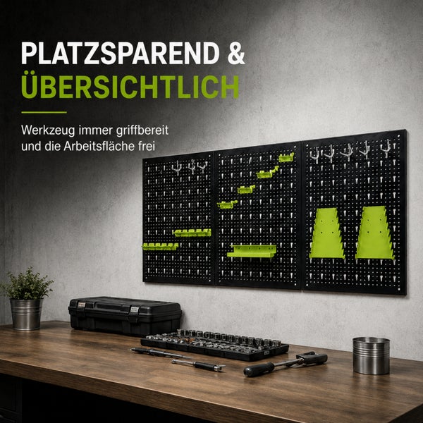 Wand-Werkzeuglochplatte mit Haken und Halterungen für eine platzsparende und übersichtliche Werkstattorganisation über einer Werkbank.