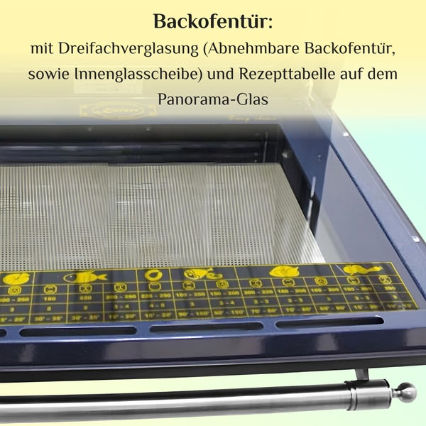 Backofentür mit Dreifachverglasung, abnehmbarer Innenscheibe und aufgedruckter Rezepttabelle auf dem Panorama Glas.