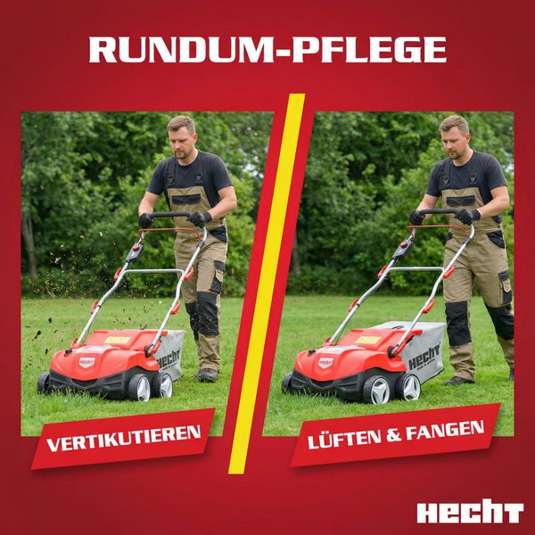 Ein Mann benutzt einen Rasenlüfter von Hecht zur Rasenpflege.