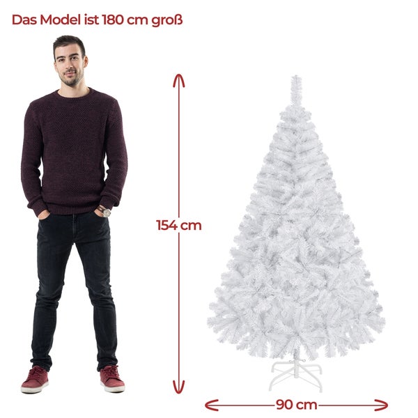 Abbildung eines weißen künstlichen Weihnachtsbaums mit einer Höhe von 154 Zentimetern und einer Breite von 90 Zentimetern.