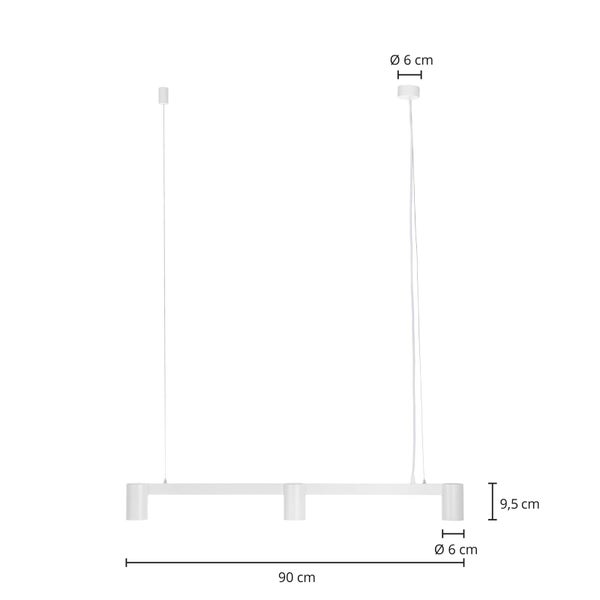 Abbildung einer 90 Zentimeter langen, weißen Hängelampe mit drei Leuchten