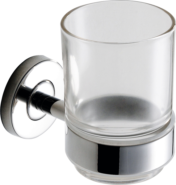 Zahnputzbecher aus klarem Glas mit verchromter Wandhalterung im runden Design.