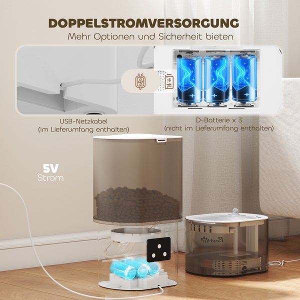 Automatische Futterstation mit doppelter Stromversorgung durch USB-Netzkabel und D-Batterien.