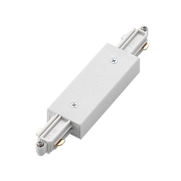Schienenverbinder für Stromschienensysteme aus Kunststoff mit Metallkontakten.
