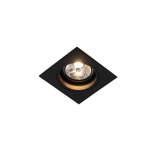 Quadratischer Einbaustrahler in Schwarz mit eingesetztem Leuchtmittel.