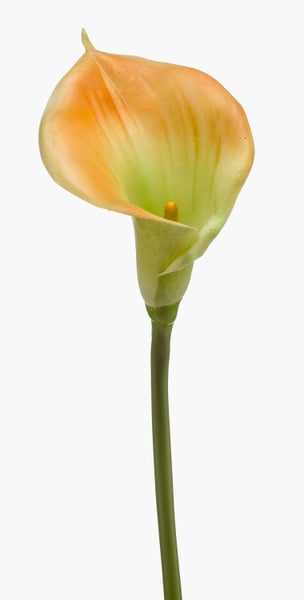Künstliche Calla Blüte in Orange mit grünem Stiel.