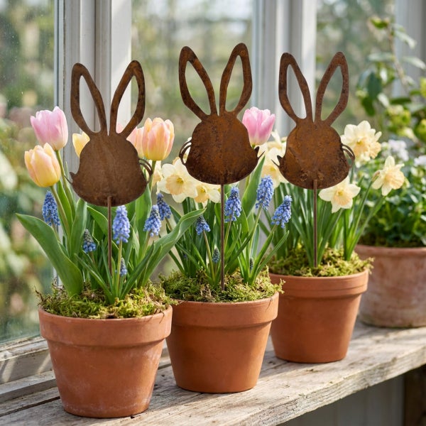 Drei bepflanzte Tontöpfe mit Osterhasen-Steckern aus Edelrost vor einem Fenster, dekoriert mit Tulpen, Narzissen und Traubenhyazinthen.