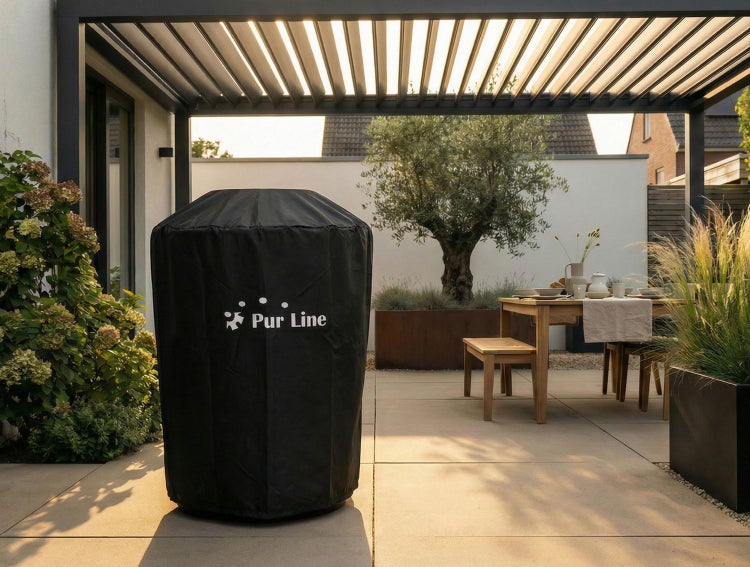 Schwarze Abdeckhaube mit Pur Line Logo für Kamado-Grills auf einer modernen Terrasse mit Pergola, Holztisch und Olivenbaum.