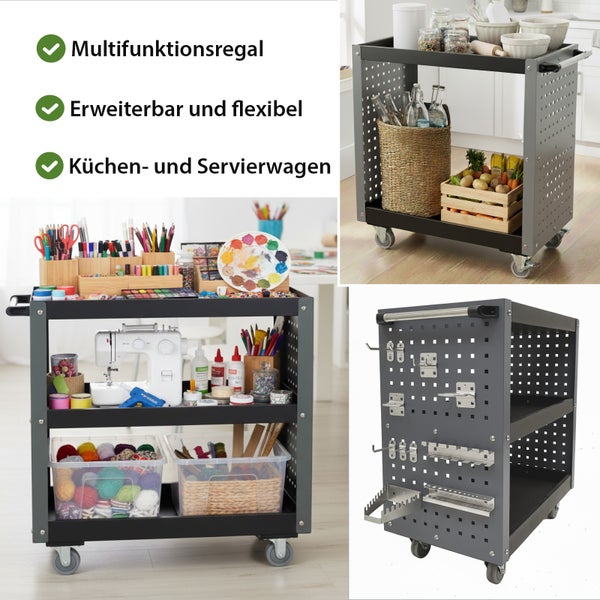 Multifunktionaler Rollwagen mit zwei Ablagen und Lochwand, ideal als Küchenwagen oder Werkstattwagen, mobil auf vier Rollen einsetzbar.