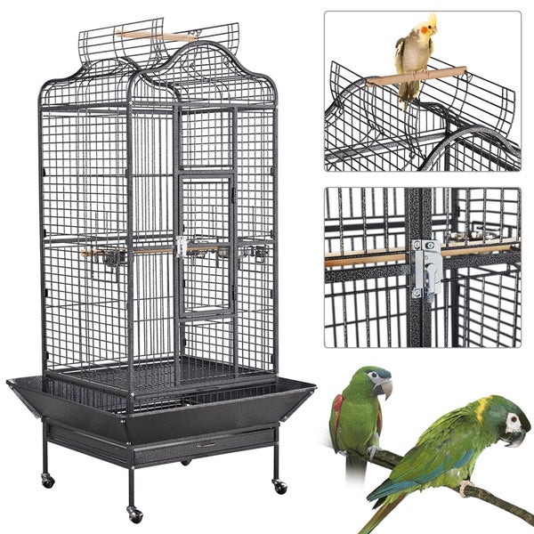 Vogelkäfig aus Metall mit Rollen, Sitzstangen und Futterbehältern