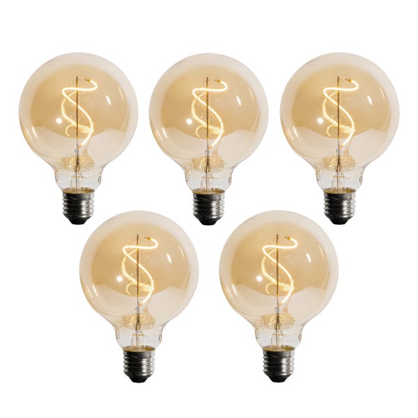 5er-Pack LED-Leuchtmittel Globe G95 mit E27-Sockel, bernsteinfarbenes Glas und spiralförmiger Glühfaden.