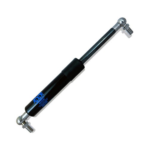 Schwarze Gasdruckfeder AQQR 460 Newton aus Metall mit Kugelgelenk und Gewindebolzen.