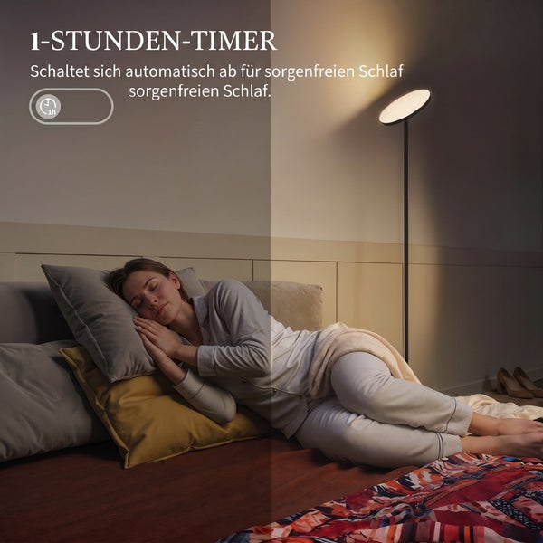 Schlafzimmer mit schlafender Frau und LED-Stehlampe mit 1-Stunde-Timer-Funktion für automatisches Abschalten.