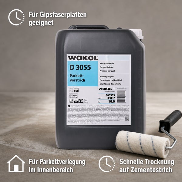 WAKOL D 3055 Parkettvorstrich im 10 Kilogramm Kanister mit Farbroller für Innenbereiche, geeignet für Gipsfaserplatten und Zementestrich.