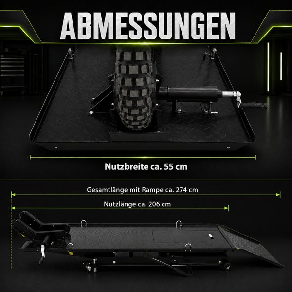 Motorradhebebühne Abmessungen: Nutzbreite circa 55 cm, Nutzlänge circa 206 cm und Gesamtlänge mit Rampe circa 274 cm.