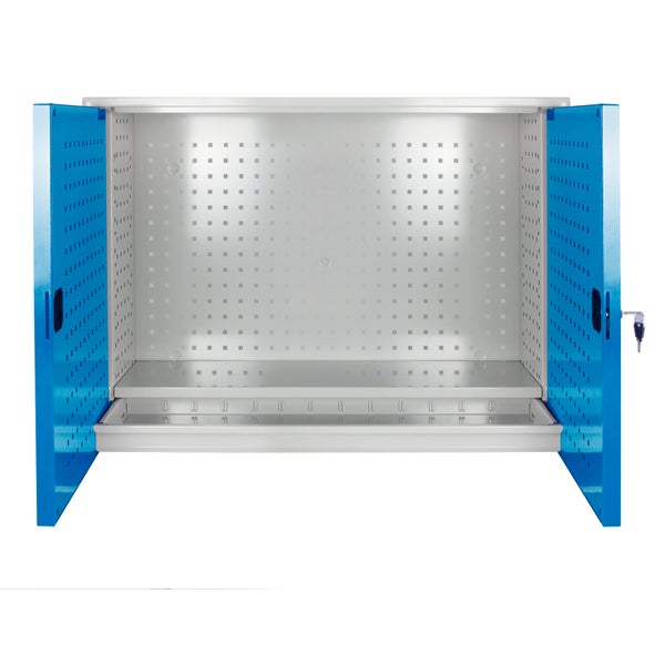 PROREGAL Werkzeugwandschrank mit 2 Türen 1 Fachboden 1 Schublade HxBxT 75,5 x 105 x 31 cm Lichtgrau Blau
