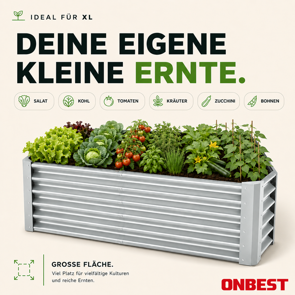 Großes Hochbeet aus verzinktem Wellblech von Onbest, bepflanzt mit Salat, Kohl, Tomaten, Kräutern, Zucchini und Bohnen.