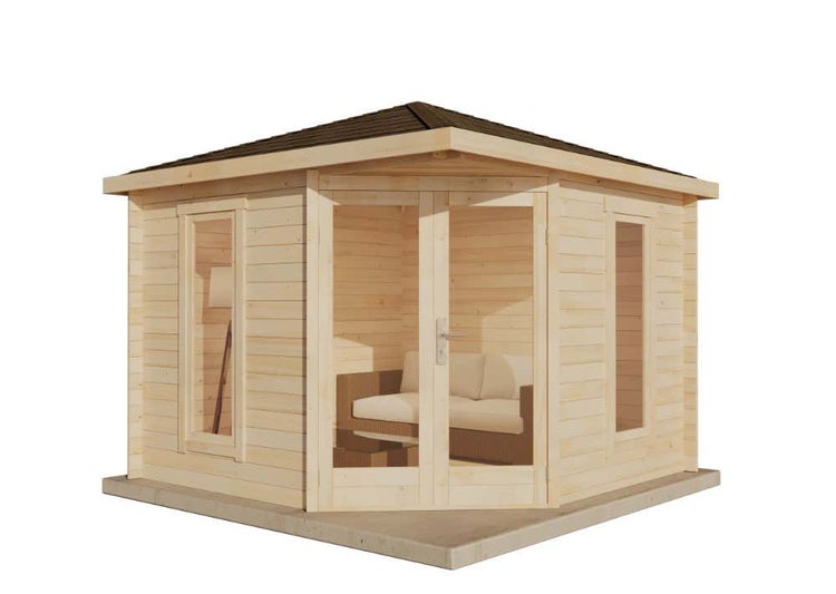 Alpholz 5-Eck Gartenhaus Liwa Compact Gartenhaus aus Holz, Holzhaus mit 28 mm Wandstärke, Blockbohlenhaus mit Montagematerial, Naturbelassen 3x3m